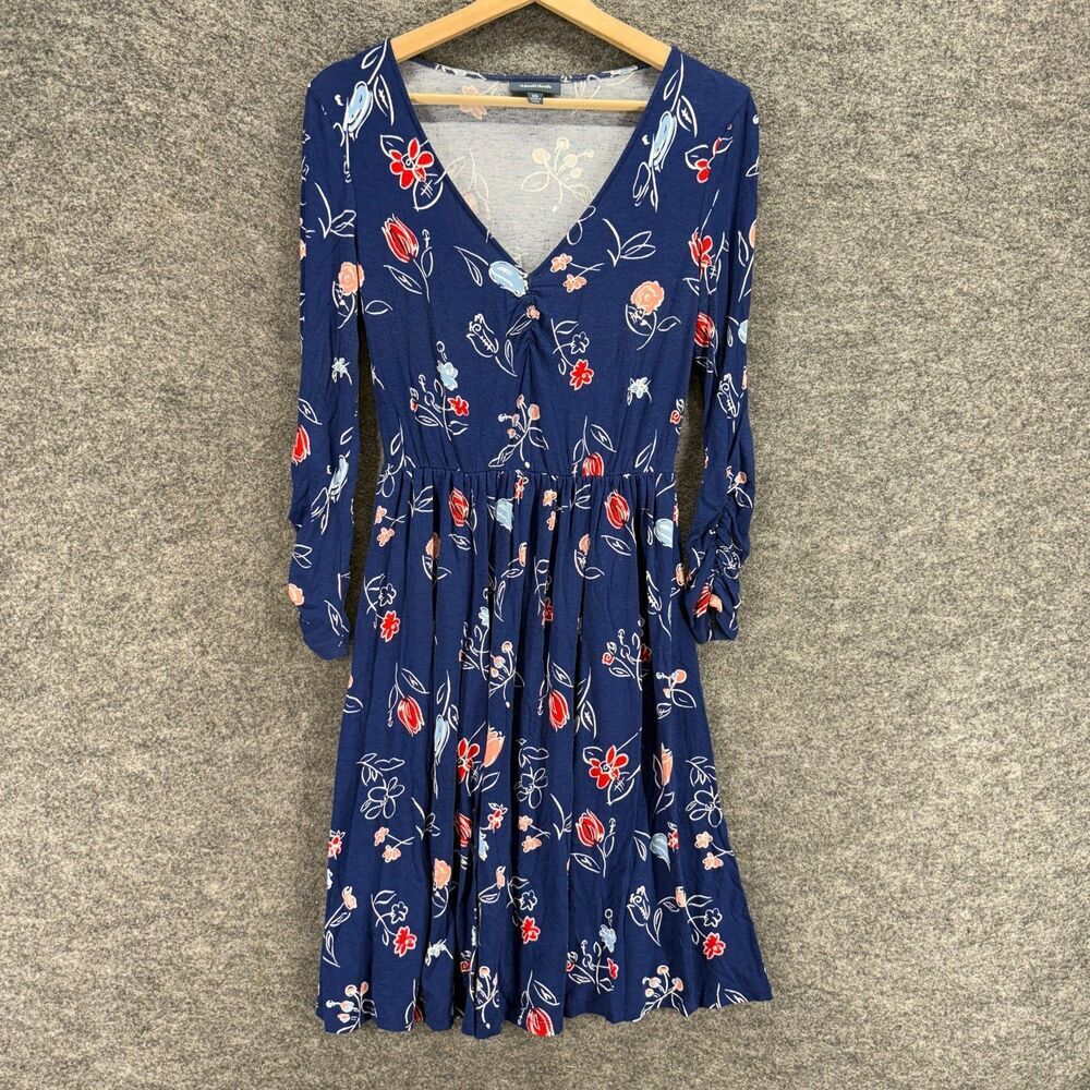 ModCloth Dress Women XS Blue Floral Sheath Midi V-Neck Long Sleeve Rayon Casual